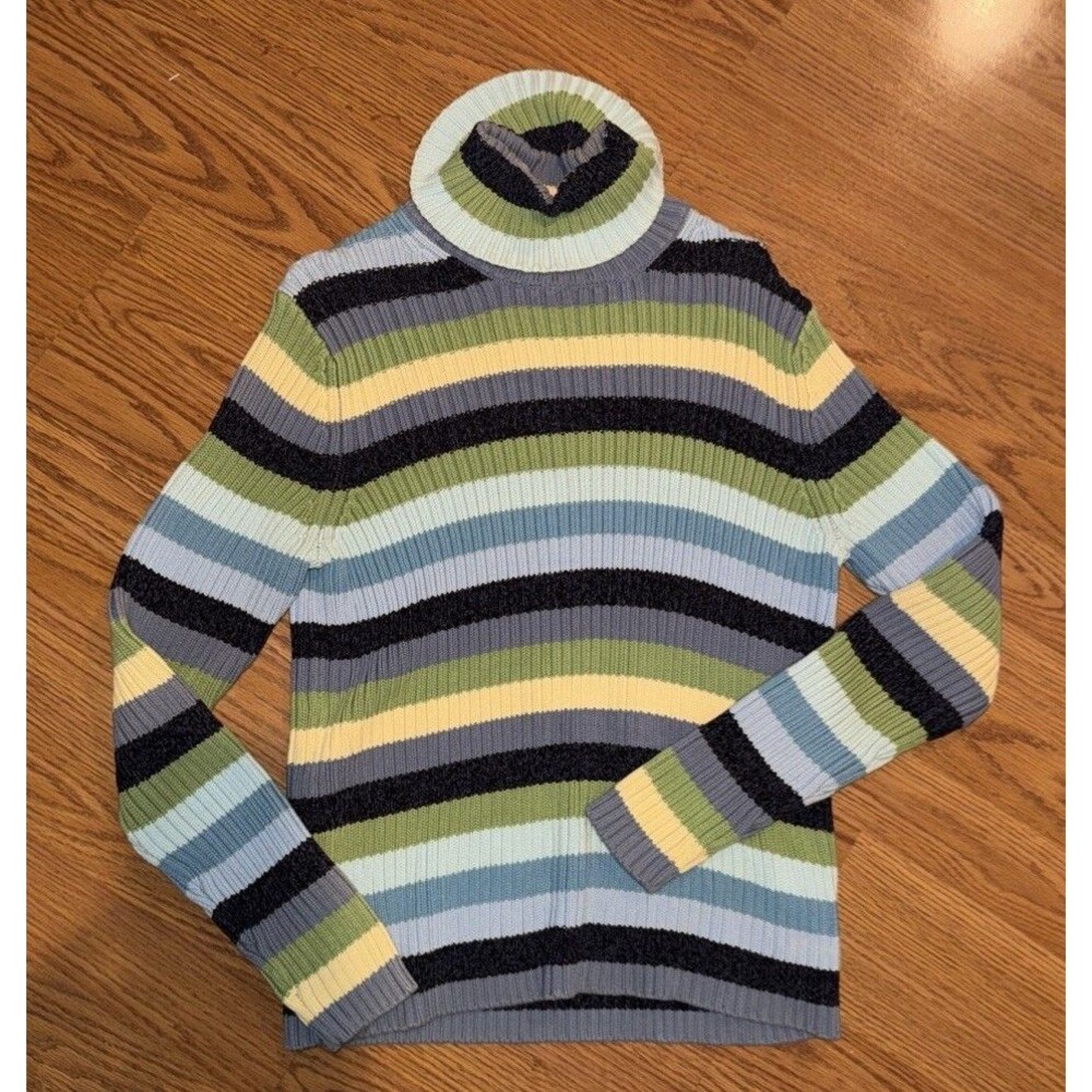 Eddie Bauer Turtleneck Sweater Women's Sz Med Striped Ribbed Cotton Blue Yellow